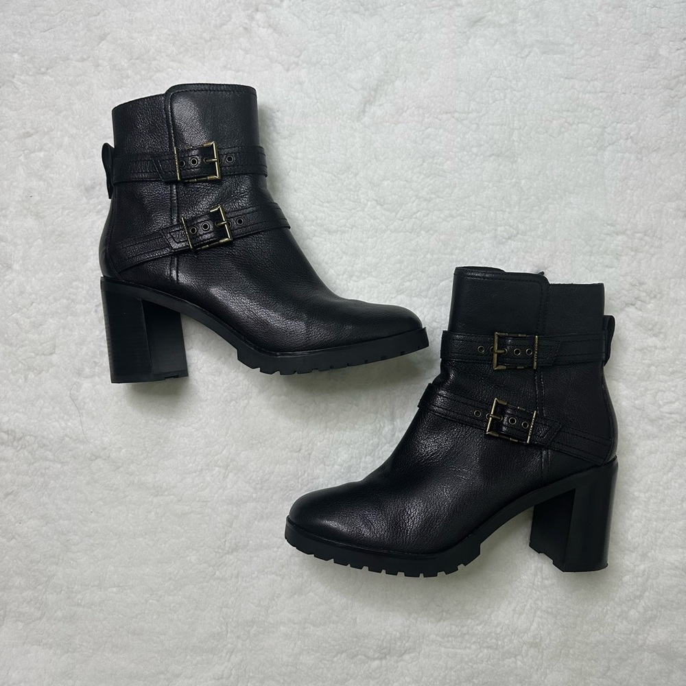 Cole Haan Black Heeled Boots with Buckle Straps - Picture 8 of 13